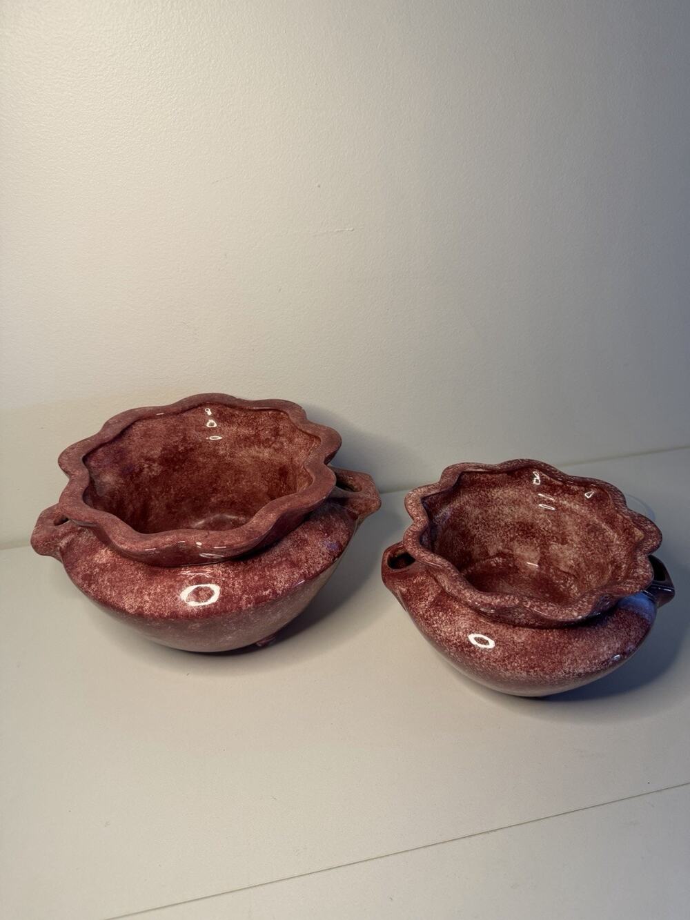 Set Of 2 Ceramic African Violet Self Watering Pots Pink White 9” & 7” Med Large